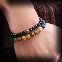 Strand Beaded Bracelet Set For Men Women Natural 6 8mm Lava Obsidian Stone&Wood Beads Braclet Vintage Jewelry Accessories Festival Gift