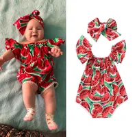 Newborn Baby Girls Clothes Watermelon print short sleeve round neck Bodysuit Bowknot Headband 2pc cotton casual summer set230g