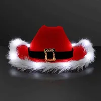 Wide Brim Hats Bucket Hats Fashion Christmas Cowboy Hats LED Luminous Red Velvet And White Feather Santa Hat Women Girls Cosplay Tiara Year Party Decor 230130