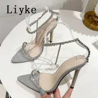 2023 New Sexy Pointed Toe Women's Sandals Fashion Cystal Rhinestone Chain Strap Summer High Heels Party Prom Shoes Silver 0129