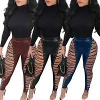 Women's Pants Adogirl Women Sexy Gromment PU Long Lace Up Hollow Out High Waist Trousers Fashion Nightclub Party Bandage Leather