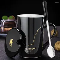 Mugs Ceramic 12 Constellations Creative With Spoon Lid Black And Gold Porcelain Zodiac Milk Coffee Cup Drinkware