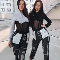 Women's Hoodies BKLD Black Grey Sweatshirt 2023 Fall Fashion Women Back Zipper Sexy See-through Mesh Patchwork Long Sleeve Pullover Tops