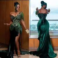 Aso Ebi Crystals Beaded Mermaid Prom Dresses Dark Green One Shoulder Sexy Evening Gowns Beading Slit Side Mermaid Velevt Special Occasion Wear