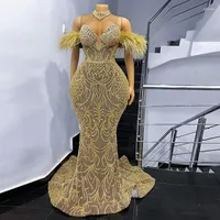 Party Dresses Gold Beaded Feather Off The Shoulder Evening Gowns Aso Ebi High Neck Lace Mermaid Prom Plus Size Formal Dress