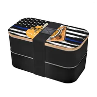 Dinnerware Sets 2023 Wooden Lid PP Material Fashionable Strap Double Layer Lunch Box Knife Fork 3D American Flag Party