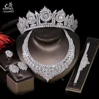 Wedding Jewelry Sets Luxury Cubic Zirconia Necklace Bracelet Earrings Ring 4 Pieces and Crown Ladies Jewelry Bridal Wedding Dinner Accessories 230130