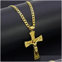 Pendant Necklaces Solid 18K Yellow Fine Gold Gf Jesus Wide Cross Charm Big 55X35Mm With 24Inch Miami Cuban Chain 600X5Mm Drop Delive Dhfda