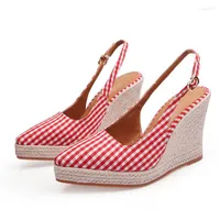 Dress Shoes 2023 Spring Summer Women High Heels Fashion Ladies Wedges Pointed Toe Plaid Wedge Heel 11cm Big Size 42 A4271