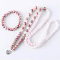 Pulseiras de tênis de 8 mm de pulseira de rodonita 108 rosa q-uartz embrulhado ou colar oração de malha contas chakra para menina