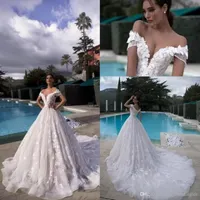Full Lace A Line Wedding Dresses Off Shoulders 3D-Floral Lace Appliques Bridal Gowns with Corset Back Tulle Long Court Train BC14952