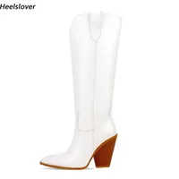 Heelslover Western Women Winter Mid Calf Boots Block klackar pekade t￥ vackra vita festskor damer USA storlek 5-13
