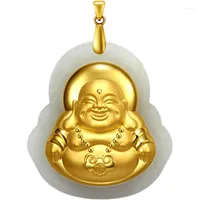 Pendant Necklaces Hetian Natural Stone Pendants Plate Gold Laughing Buddha Rope Chain Necklace For Women Men Fashion Jewelry JoursNeige