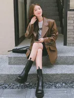 여자 정장 브랜드 한국 스타일 PU 가죽 블레이저 재킷 여성용 싱글 브레스트 소매 밑단 지퍼 클로저 레이디 외부웨어