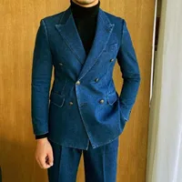 Men's Suits Denim Blue Men Fit Slim Formal Party Prom Costume Homme Custom Made Double Breasted High Quality Blazer Pant