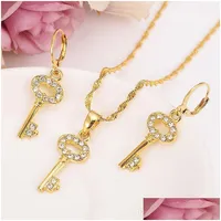 Earrings Necklace Fashion Set Party Gift 14K Solid Fine Gold Filled Crystal Cz A Golden Key Pattern Pendant African Jewelry Sets D Dh1Lt