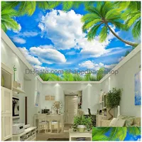 壁紙カスタムグリーンの葉の青い空の雲頂上天井3Dフレスコモダンベッドルームリビングルーム装飾壁画壁紙dhamo