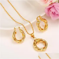 Earrings Necklace Wholesale Big Hoop Pendant Womens Wedding Jewelry Sets Real 14K Yellow Solid Fine Gold Africa Daily Wear Gift Dr Dhcsh