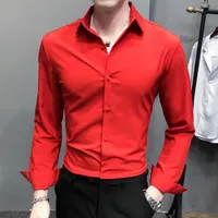Men's Casual Shirts Long-sleeved Solid Color Mens Shirt M-5XL Slim British Men Dress Business Red Green Korean Clothes