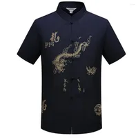 Men's Casual Shirts Tangs Suit Top Embroidery Dragon Stand Collar Short Sleeve Year Wear Chinese Wing Chun Garment Shirt Men