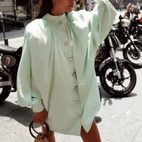 Women's Blouses Women Elegant Solid Color Single Breasted Loose Shirt Top Fashion Casual Long Lantern Sleeve Stand Collar Blouse T-shirt