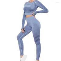 Active Sets Women's Two Piece Outfits Yoga Pants Set Seamless High Waist Fitness Leggings Long Sleeve Crop Tops Athletic Sports