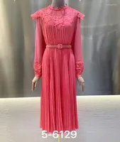 Casual Dresses Top Quality 2023 Spring Dress Women Hollow Out Lace Embroidery Belt Deco Long Sleeve Mid-Calf Length Pleated Pink Blue