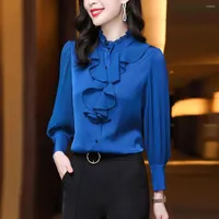 Women's Blouses 2023 Shirt Women's Long Sleeve Spring Autumn Fashion Lotus Leaf Collar Top Casual Formal Dress Solid Color