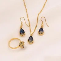 Earrings Necklace 24K Yellow Gold Gf Water Drop Purple Crystal Pendant Ring Cz Big Rec Gem With Channel Jewellery Set Delivery Jew Dhsie