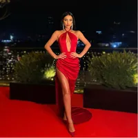 Red Long Evening Dress Mermaid High Slit Sexy Backless Prom Party Dresses Customize Shiny Satin Special Occasion Gowns