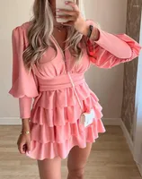 Casual Dresses For Women 2023 Summer Ruched Puff Lantern Sleeve Layered Dress Sweet A Line V-Neck Female Clothing