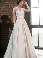 Elegant Wedding Dresses Long Sleeves Lace Satin with Pockets Wedding Gowns Bride Dress Vintage 2023 Customize Robe De Mariee