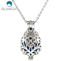 Pendant Necklaces K1176 Silver Color Alloy Flower Hollow Pearl Cage Chain Aroma Essential Oil Diffuser Locket Necklace