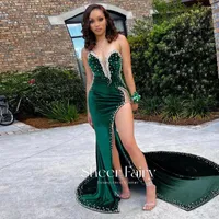 Party Dresses Sheery Fairy Luxury Crystal Emerald Green Mermaid Prom 2023 For Black Girls Sexy High Slit African Women Graduation Gown