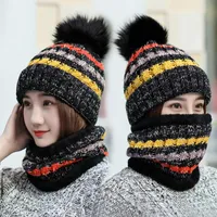 Hats Scarves Gloves Sets & Winter Women's Hat Scarf Set Warm Beanies Ring Matching Color Neck Knit Cap Pompoms Wool Outdoor Integrated