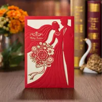 Greeting Cards Romantic Red Wedding Invitation Laser Cut Bride And Groom Design Card - Set Of 50 Pcs