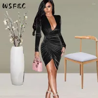 Casual Dresses WSFEC S-2xl Winter Fall Outfits Solid Long Sleeve Irregular Fold Sexy Bodycon Party Evening For Women 2023 Drop
