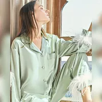 Women's Sleepwear Hiloc Satin Pajamas With Feathers 2023 Fashion Women Pajama Fur Single Breasted Trouser Suits Pocket Home Suit