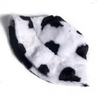 Berets Cow Print Thickened Bucket Hat Plush Wide Brim Foldable Unisex Fisherman Cap Fashion Accessories
