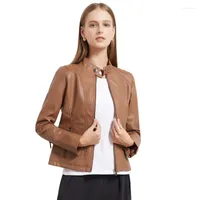 Women's Leather 2023 Spring Autumn Women's Solid Color Coat European American Fashion Casual Long Sleeve Round Neck