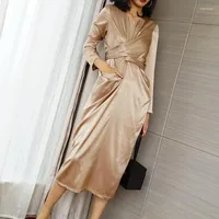 Ethnic Clothing Women Silk Satin Bubble Sleeve Round Collar Personality Tie Long Elegant Robe