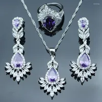 Wedding Jewelry Sets Natural Purple Cubic Zirconia Silver Color For Women Water Drop Necklace Drop Earrings Ring Pendant Fashion
