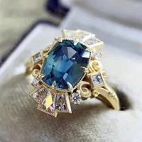 Wedding Rings Luxury Rectangle Royal Blue Stone Ring Gold Color Bands Square Zircon Crystal Engagement For Women Men Jewelry