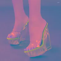 Slippers Sexy 15 Cm 10 Summer High Heels Sandals Mules Transparent Crystal Platform Wedges Shoes Women Beach Slides Shoe 0424