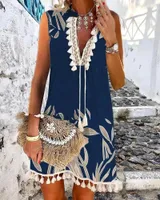 Casual Dresses Plants Print Tassel Decor Sleeveless Dress Woman Summer Beach Vacation Y2k Sundress Mini Vestido Vintage