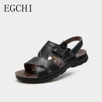 Sandals Egchi Summer Leather For Male Quality Solid Color Men's Beach Shoes Comfortable Soft Slippers Open Toe Breathable