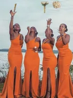 Mermaid larga y quemada naranja vestidos de dama de honor con chicas negras africanas divididas Rata de Soiree de Mariage
