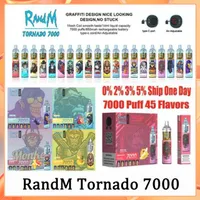 Original RandM Tornado 7000 Puffs 7K Disposable Vape Pen Electronic Cigarettes 14ml Pod Mesh Coil 6 Glowing Colors Rechargeable Air-adjustable 2% 5% Device 50 Flavors