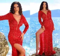 Party Dresses 2023 Arabic Aso Ebi Red Sparkly Sexy Prom Beaded High Split Sequin Formal Birthday Engagement Gowns Vestidos De Fieast