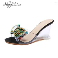 Slippers Wedges Women Shoes Slope Heel Sandals Female Summer 2023 Sexy Crystal Transparent High-heeled Water Drill
